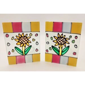 Pair of Hand Painted Stained‎ Glass Styled Tea-Light Candle Holders w/Sunflowers